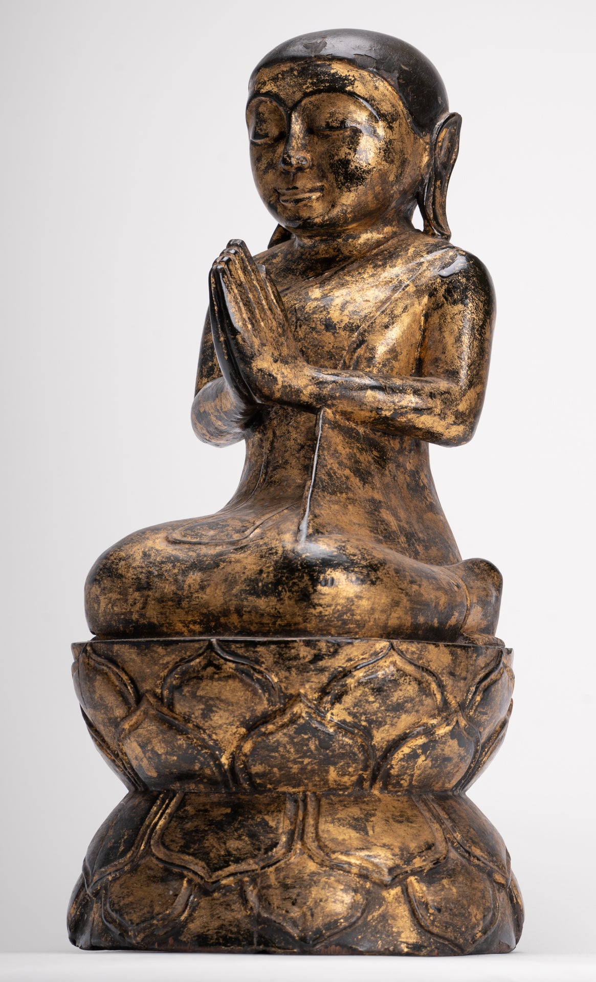 Antique Disciple Statue - Antique Burmese Style Wood Kneeling Buddha Disciple Statue - 44cm/18"