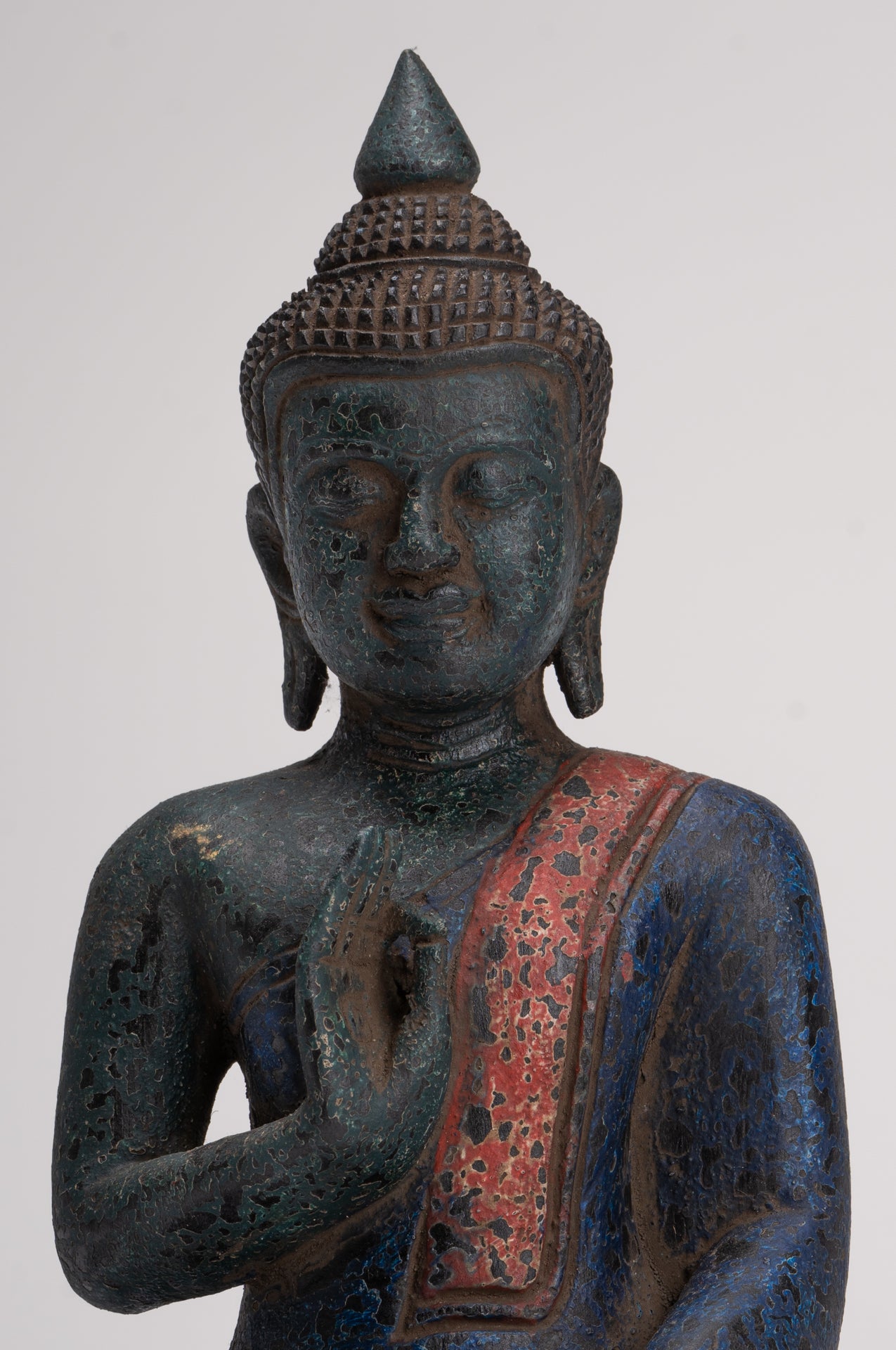 Buddha Statue - Antique Khmer Style Cambodia Seated Wood Buddha Statue Teaching Mudra - 27cm/11"