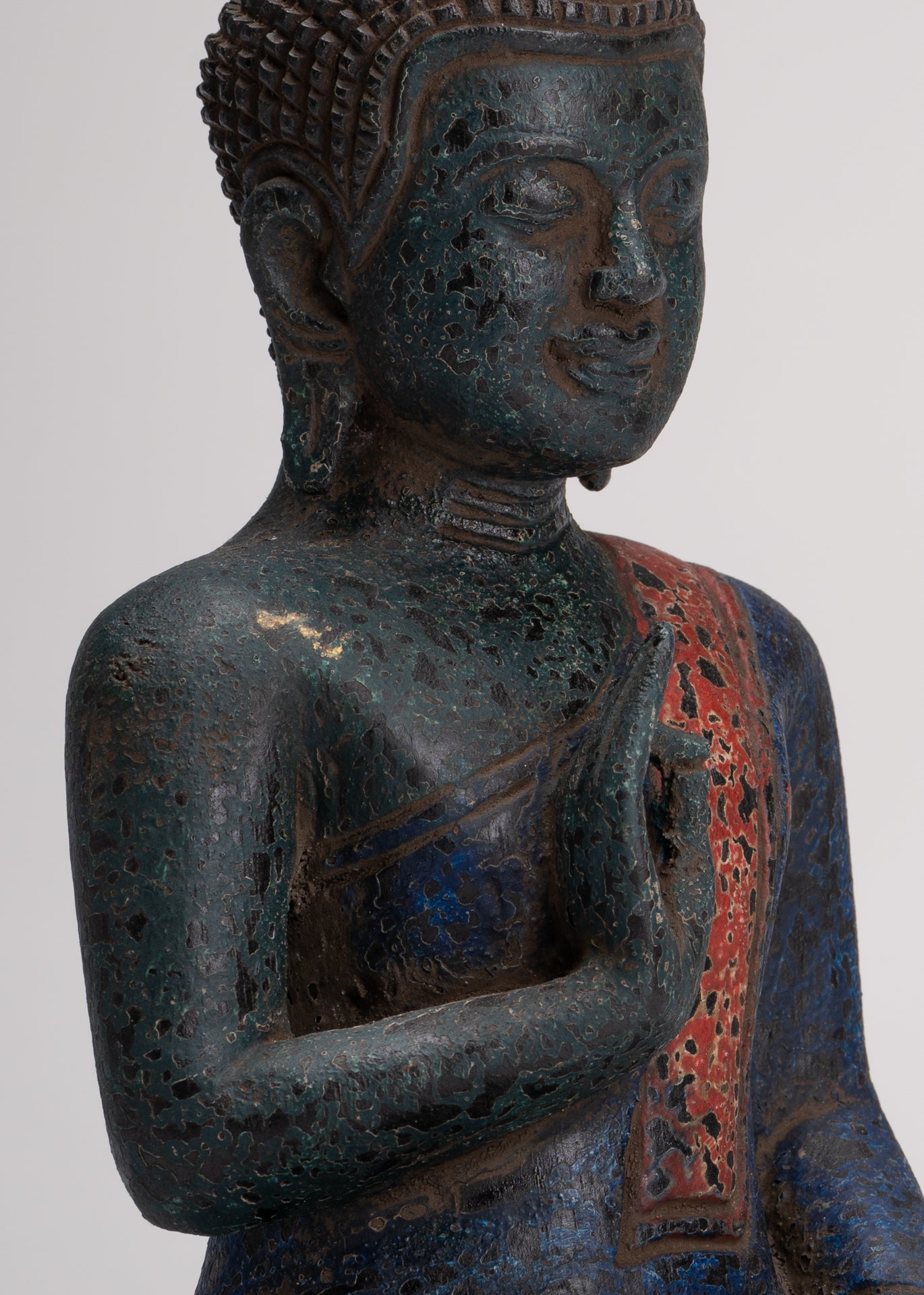 Buddha Statue - Antique Khmer Style Cambodia Seated Wood Buddha Statue Teaching Mudra - 27cm/11"