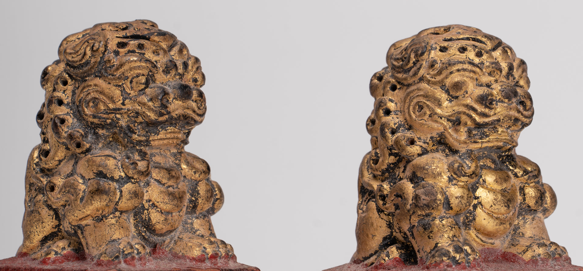 Antique Chinese Style Wood Temple Guardian Lions Shishi Lions Foo Dogs Imperial Lions (Pair) - 8cm/3"