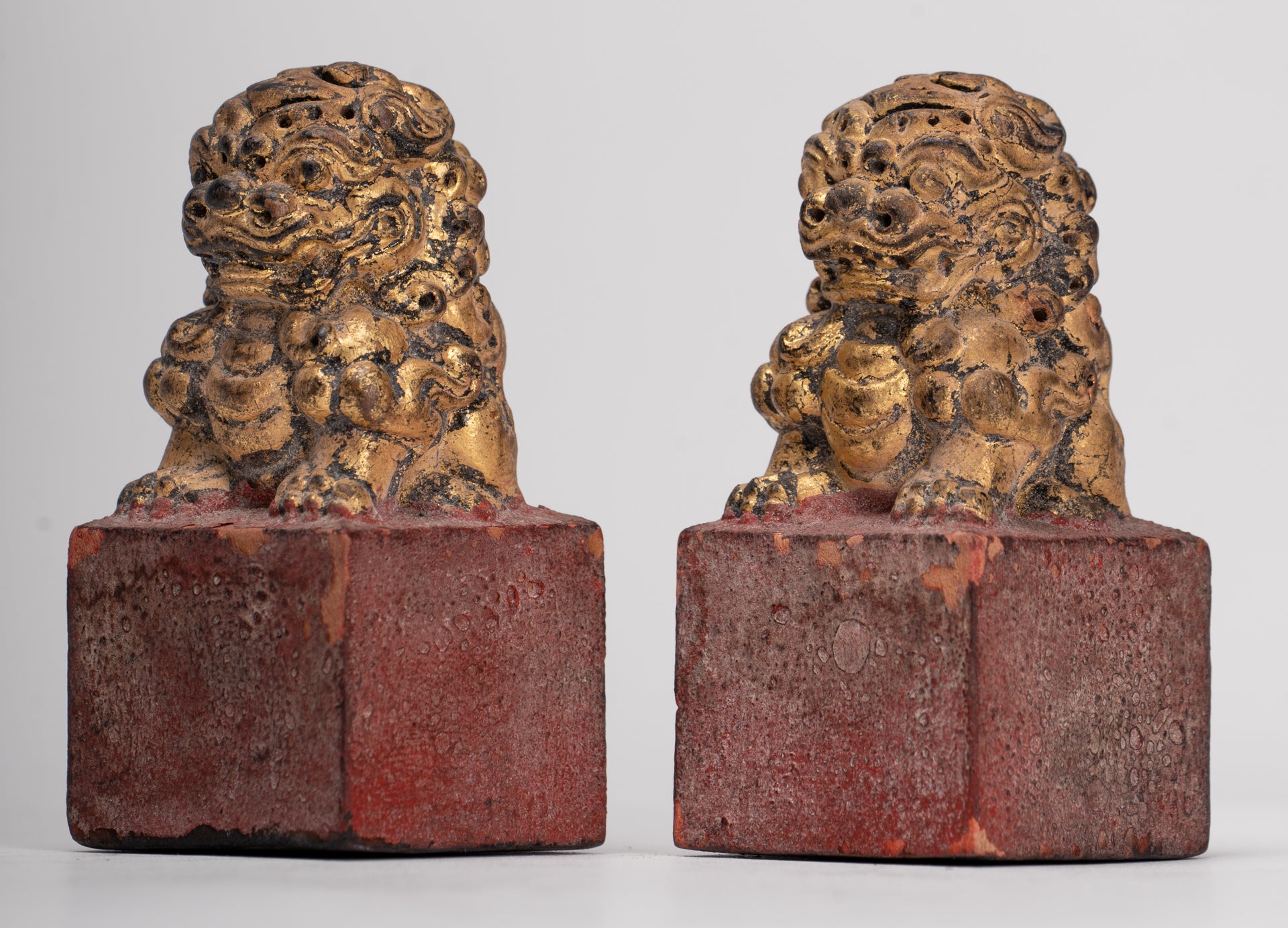 Antique Chinese Style Wood Temple Guardian Lions Shishi Lions Foo Dogs Imperial Lions (Pair) - 8cm/3"