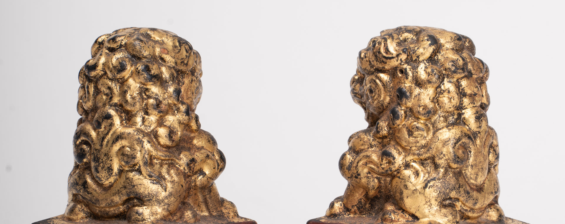 Antique Chinese Style Wood Temple Guardian Lions Shishi Lions Foo Dogs Imperial Lions (Pair) - 9.5cm/4"
