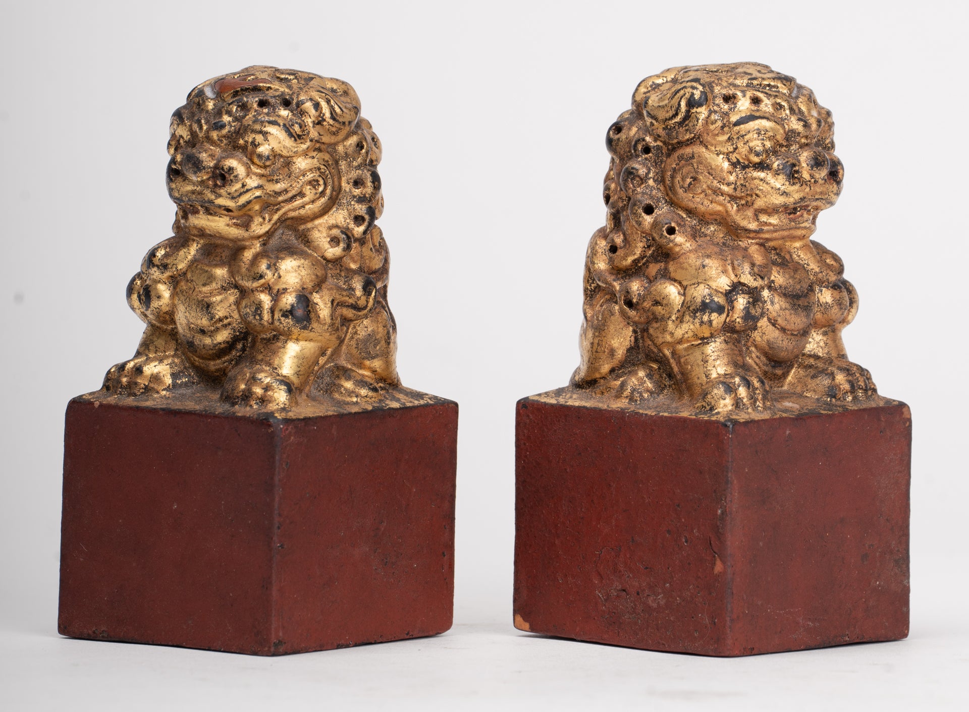 Antique Chinese Style Wood Temple Guardian Lions Shishi Lions Foo Dogs Imperial Lions (Pair) - 9.5cm/4"