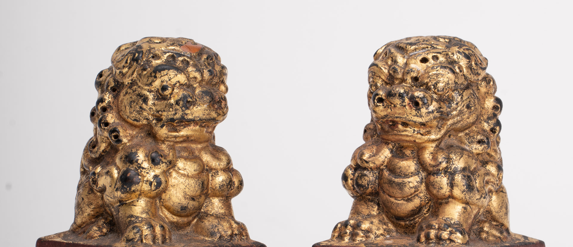 Antique Chinese Style Wood Temple Guardian Lions Shishi Lions Foo Dogs Imperial Lions (Pair) - 9.5cm/4"