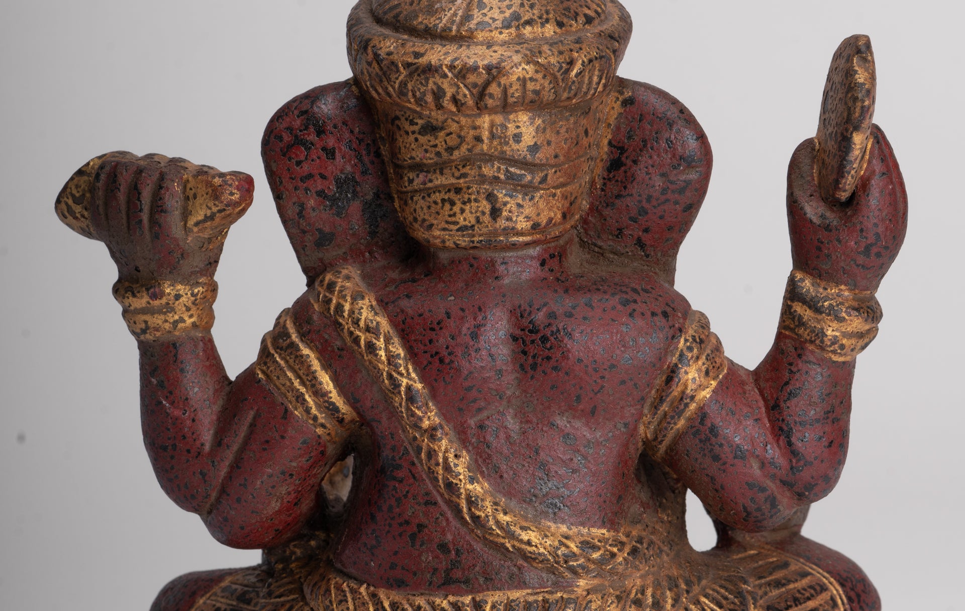 Ganesh Statue - Antique Khmer Style Seated Wood Ganesha Statue - 22cm/9"