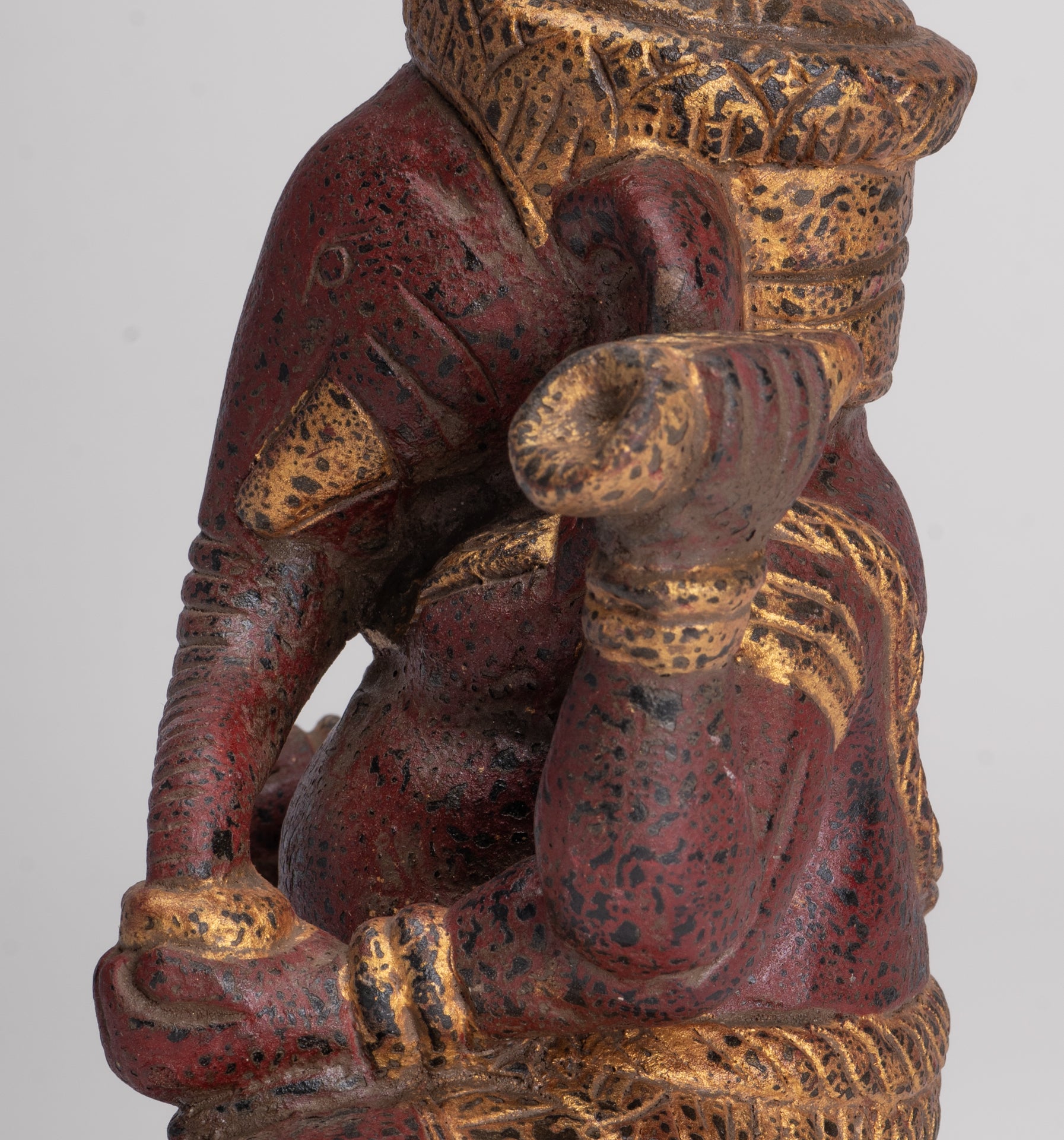 Ganesh Statue - Antique Khmer Style Seated Wood Ganesha Statue - 22cm/9"