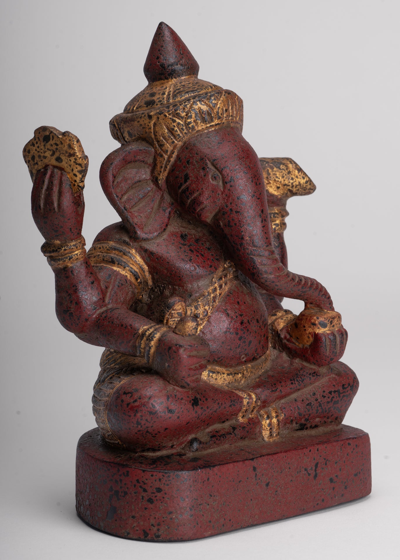 Ganesh Statue - Antique Khmer Style Seated Wood Ganesha Statue - 22cm/9"