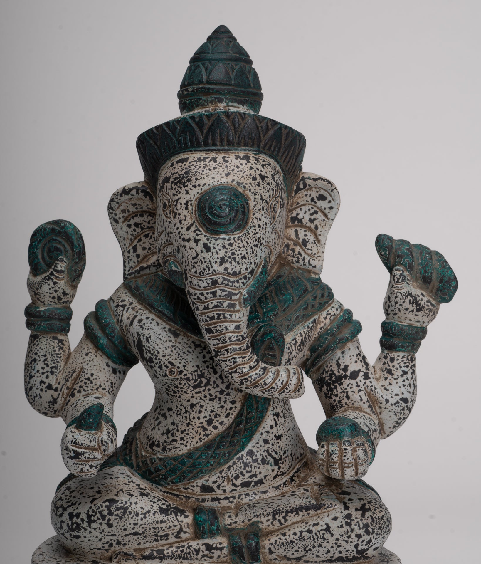 Ganesh Statue - Antique Khmer Style Seated Wood Ganesha Statue - 34cm/14"