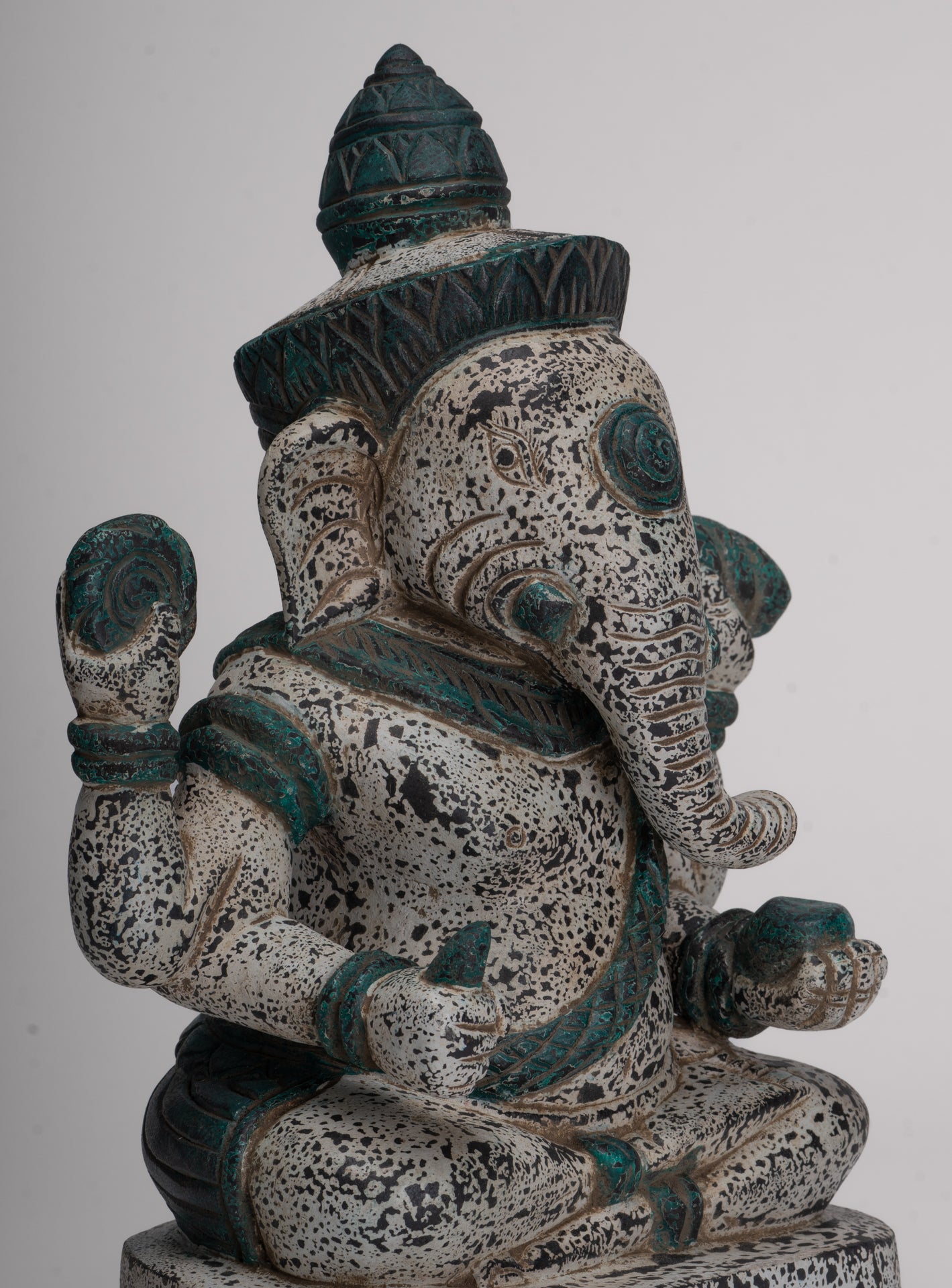 Ganesh Statue - Antique Khmer Style Seated Wood Ganesha Statue - 34cm/14"