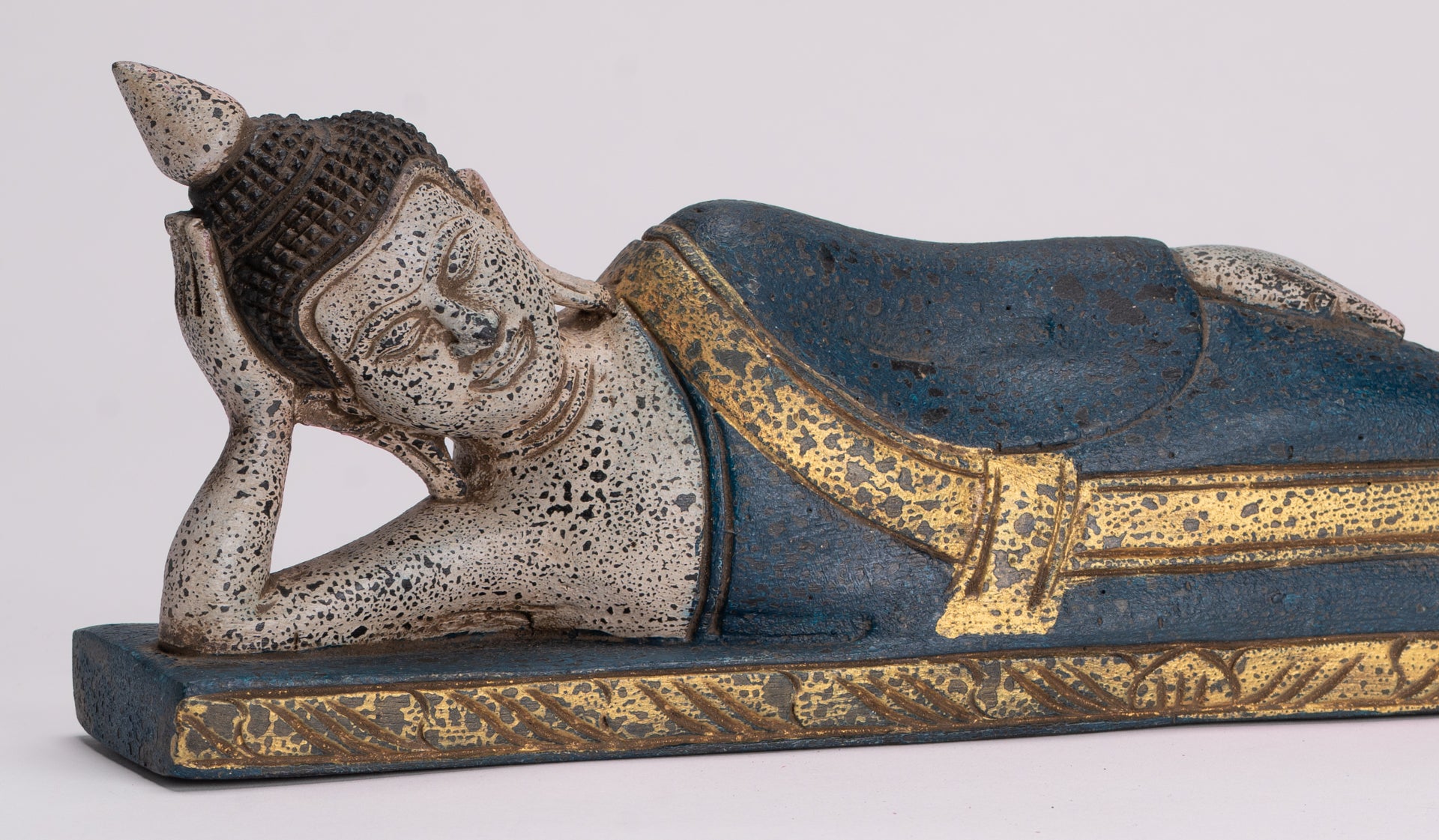 Buddha Statue - Antique Khmer Style SE Asia Wood Reclining Nirvana Buddha Statue - 42cm/17" Long