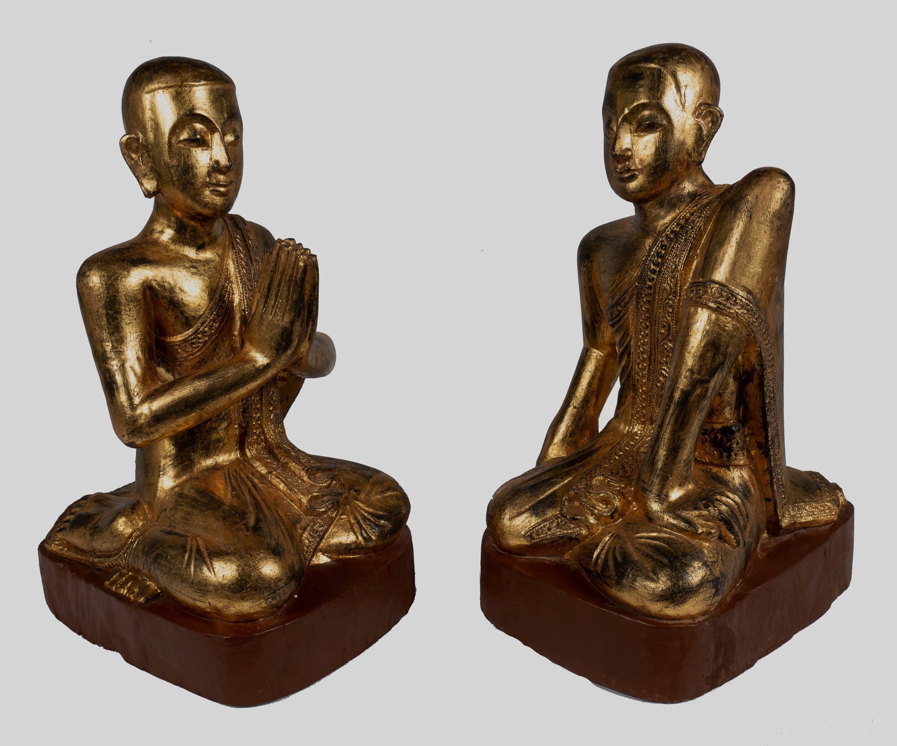 Antique Disciple Statues - Antique Burmese Style Wood Kneeling Buddha Disciples Statue (Pair) - 50cm/20"
