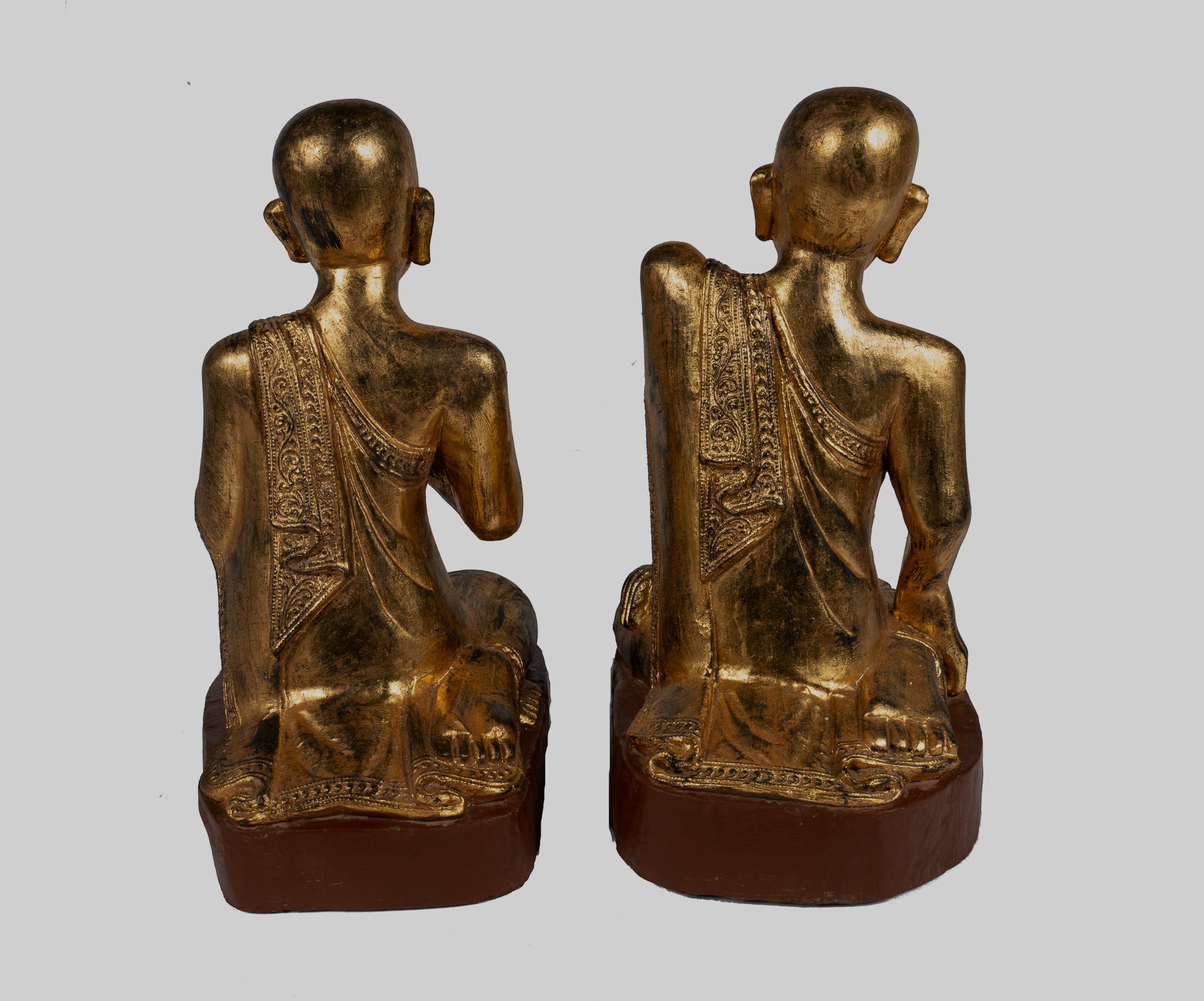 Antique Disciple Statues - Antique Burmese Style Wood Kneeling Buddha Disciples Statue (Pair) - 50cm/20"