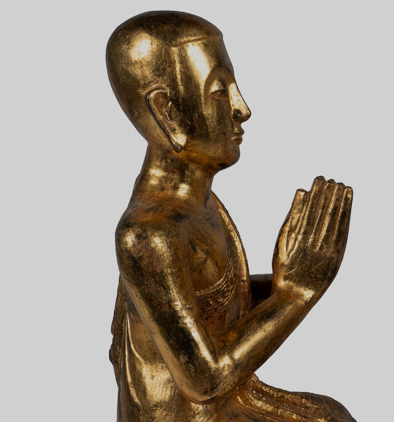 Antique Disciple Statues - Antique Burmese Style Wood Kneeling Buddha Disciples Statue (Pair) - 50cm/20"