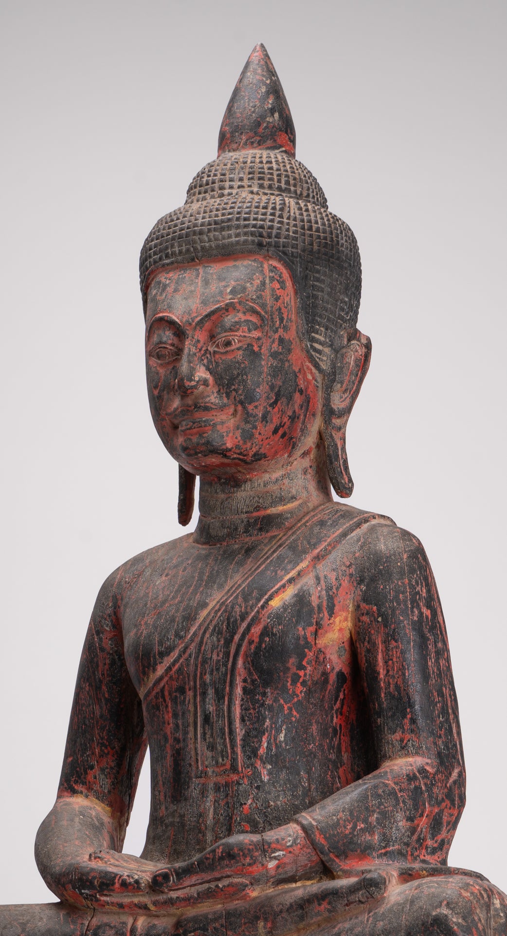 Buddha Statue - Antique Khmer Style SE Asia Seated Wood Meditation Buddha Statue - 85cm/34"