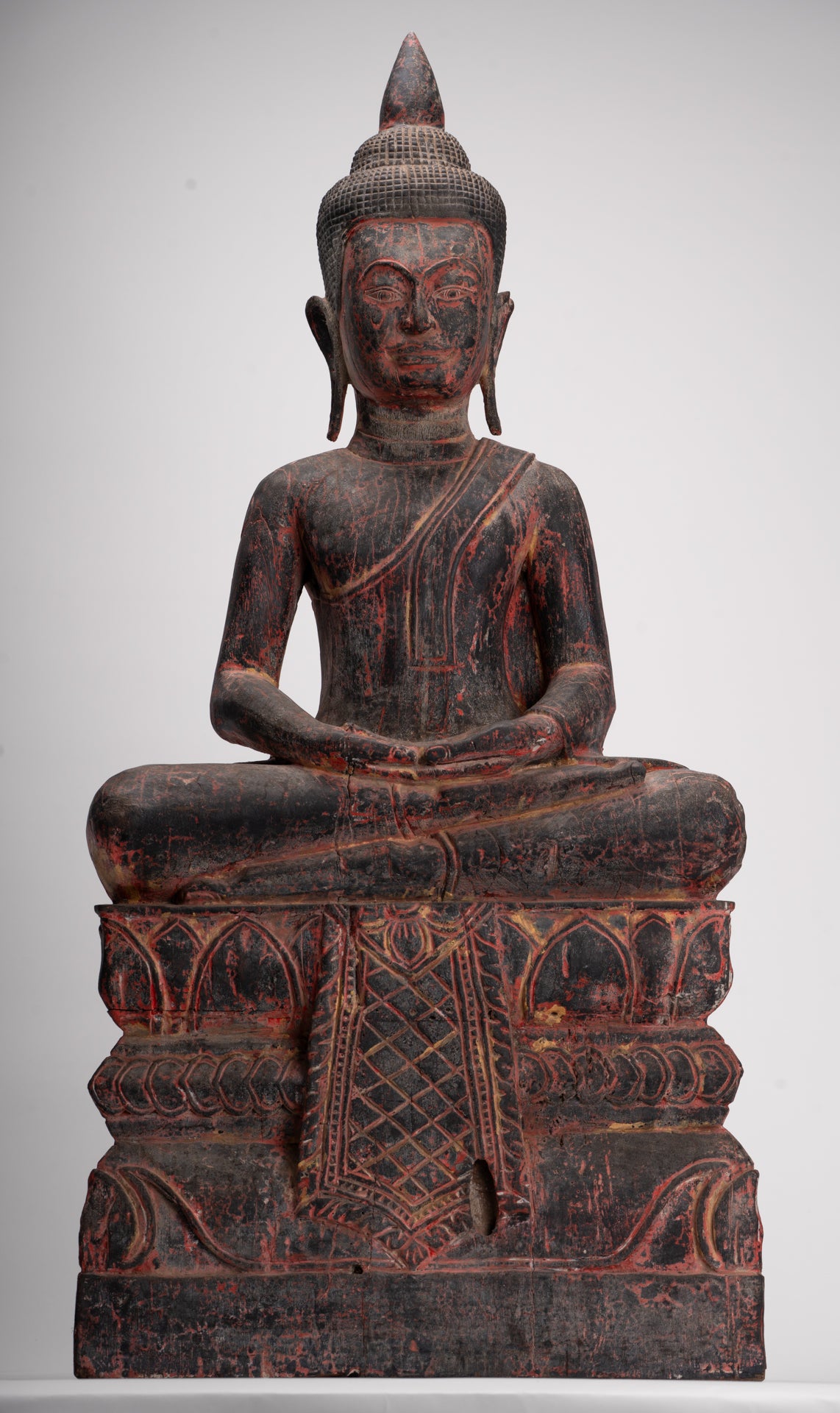 Buddha Statue - Antique Khmer Style SE Asia Seated Wood Meditation Buddha Statue - 85cm/34"