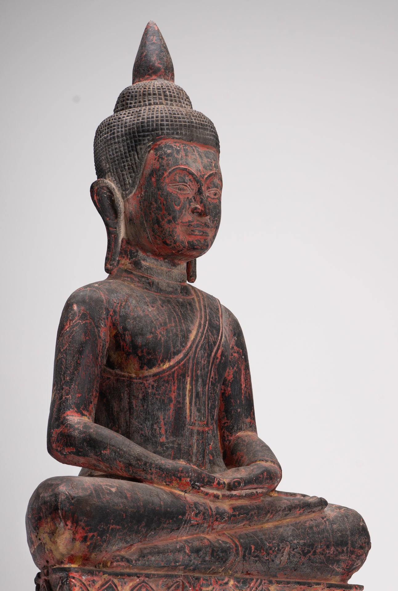Buddha Statue - Antique Khmer Style SE Asia Seated Wood Meditation Buddha Statue - 85cm/34"
