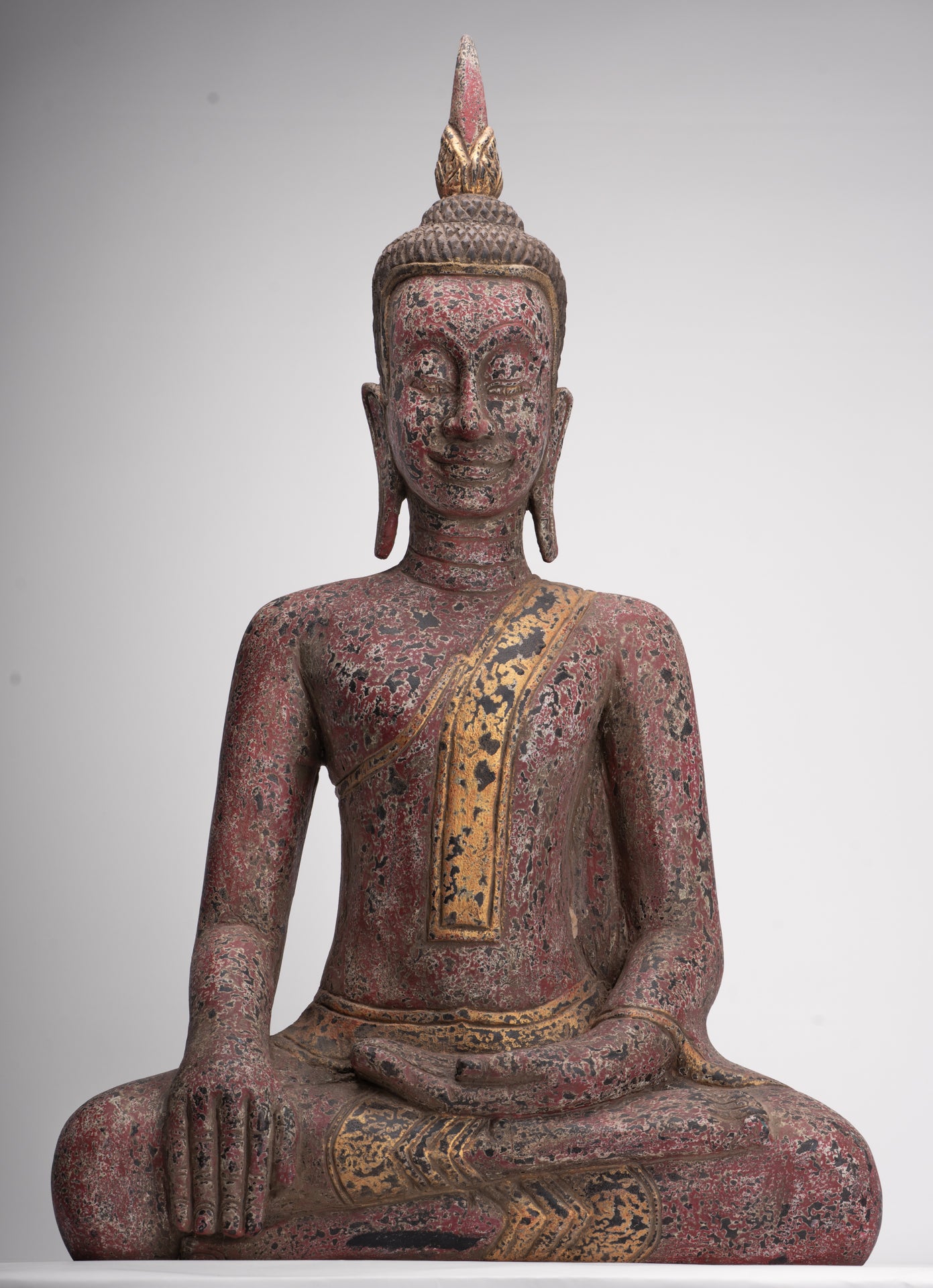 Buddha Statue - Antique Khmer Style SE Asia Seated Wood Enlightenment Buddha Statue - 81cm/32"