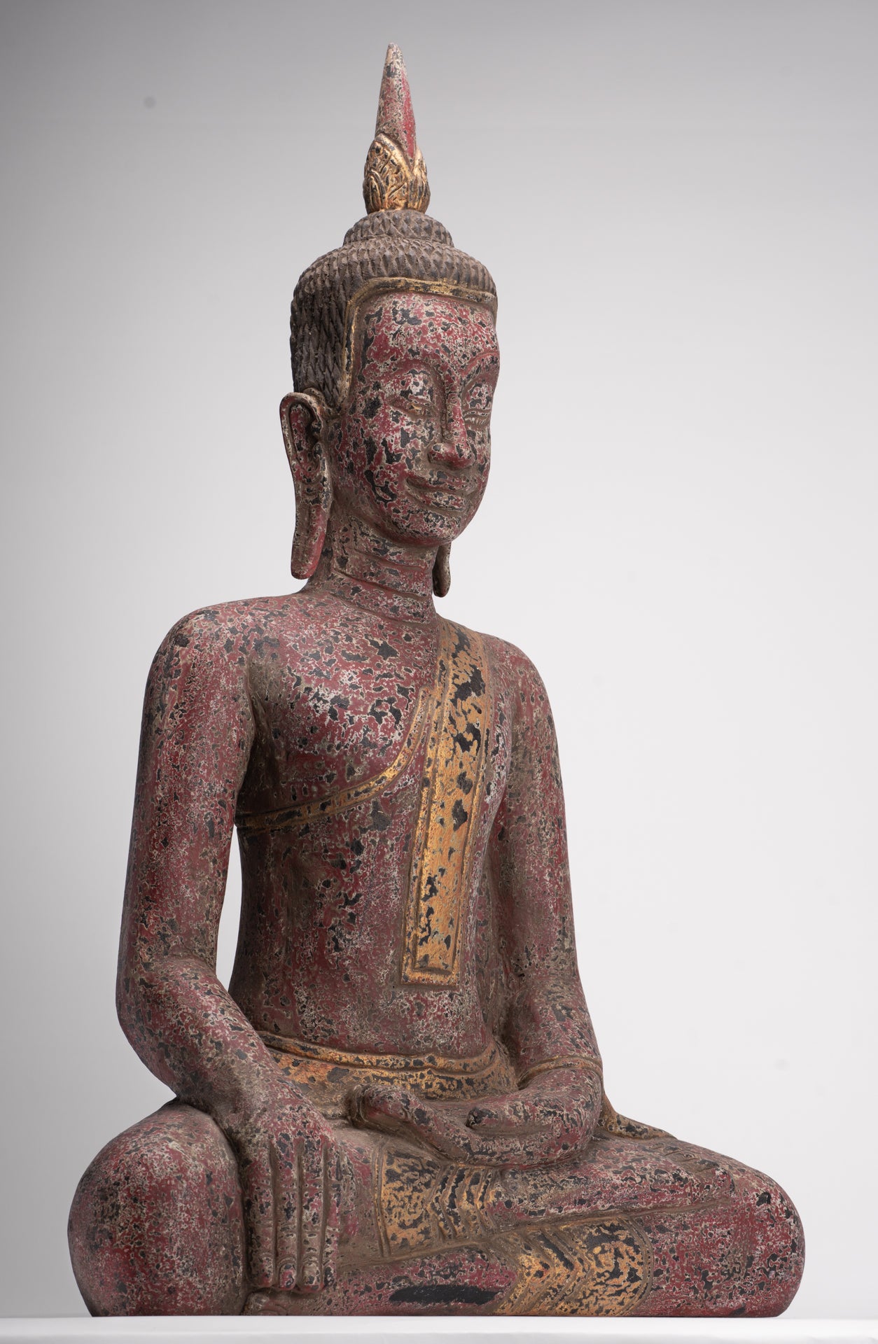 Buddha Statue - Antique Khmer Style SE Asia Seated Wood Enlightenment Buddha Statue - 81cm/32"