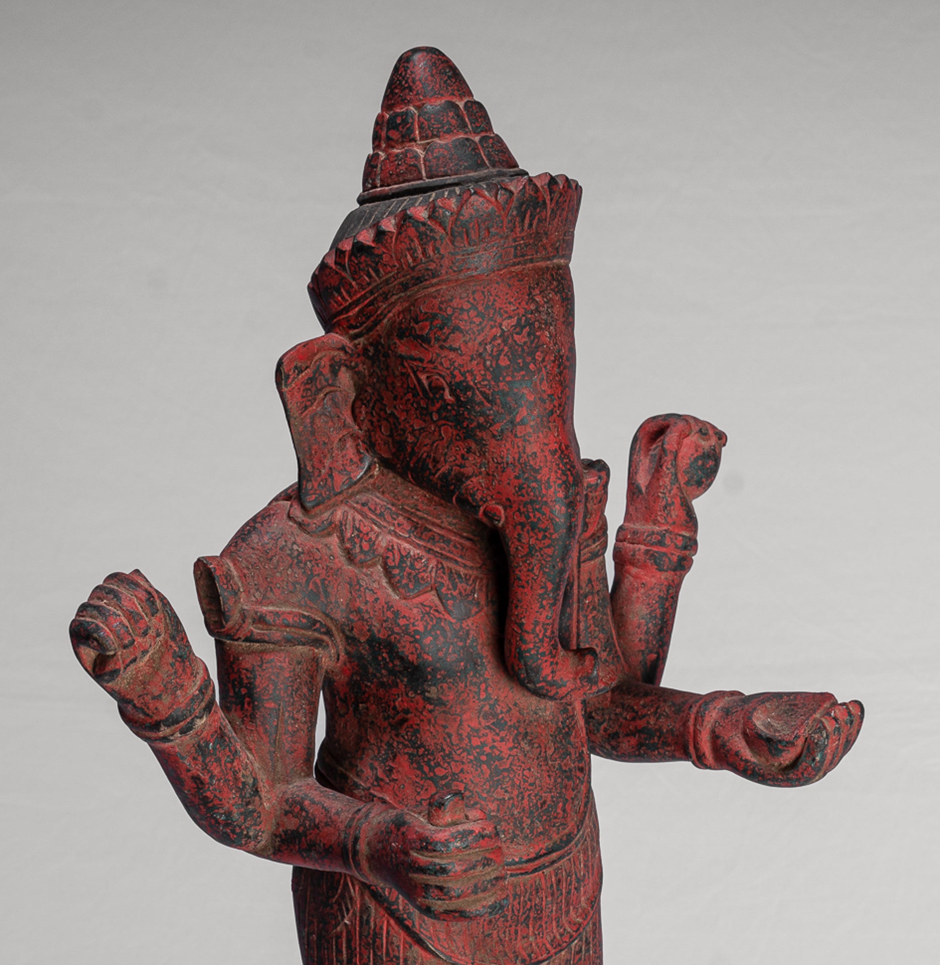 Ganesha Statue - Antique Bayon Style Standing Khmer Red Wood Standing Ganesha Statue - 60cm/24"