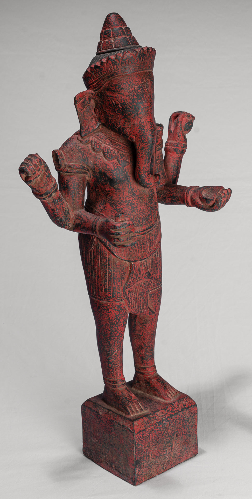 Ganesha Statue - Antique Bayon Style Standing Khmer Red Wood Standing Ganesha Statue - 60cm/24"