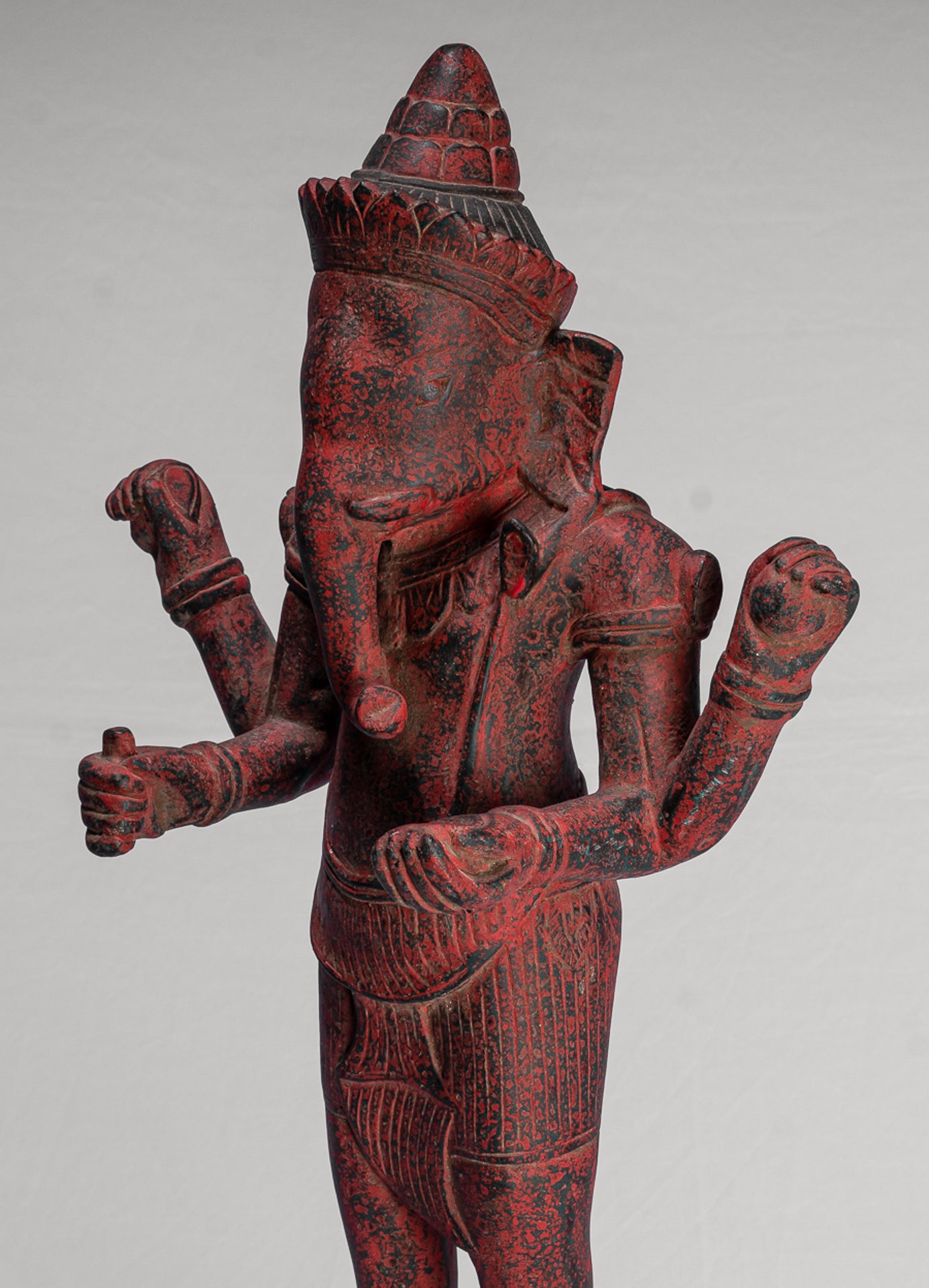 Ganesha Statue - Antique Bayon Style Standing Khmer Red Wood Standing Ganesha Statue - 60cm/24"