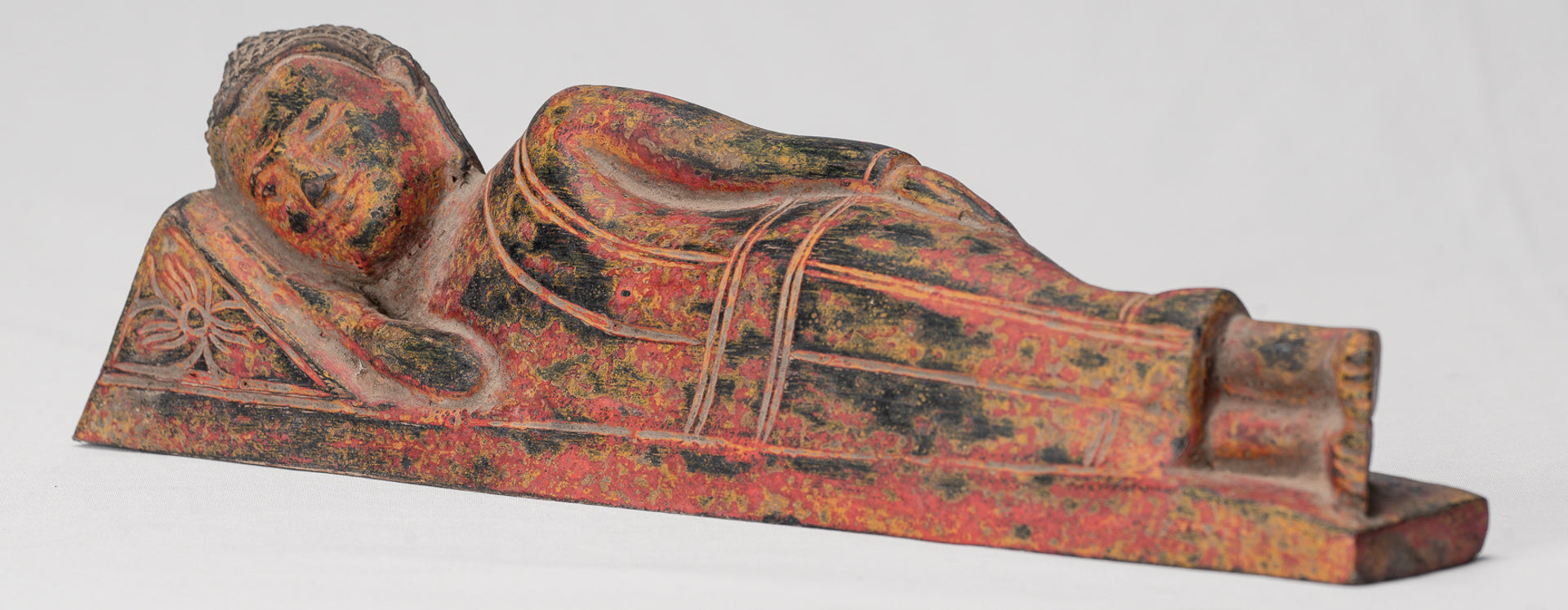 Buddha Statue - Antique Thai Style Wood Reclining Nirvana Buddha Statue - 30cm/12" Long