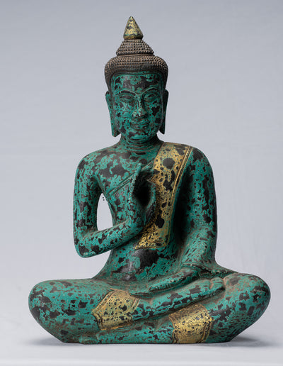 Buddha-Skulptur – Buddha – sitzender Buddha aus Holz im antiken Khmer-Stil, der Mudra lehrt – 39 cm