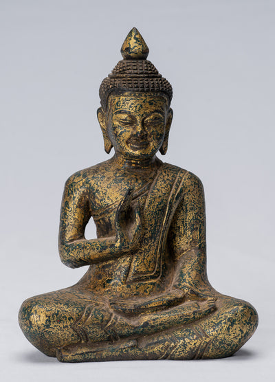 Buddha-Skulptur – Buddha – sitzender Buddha aus Holz im antiken Khmer-Stil, der Mudra lehrt – 21 cm