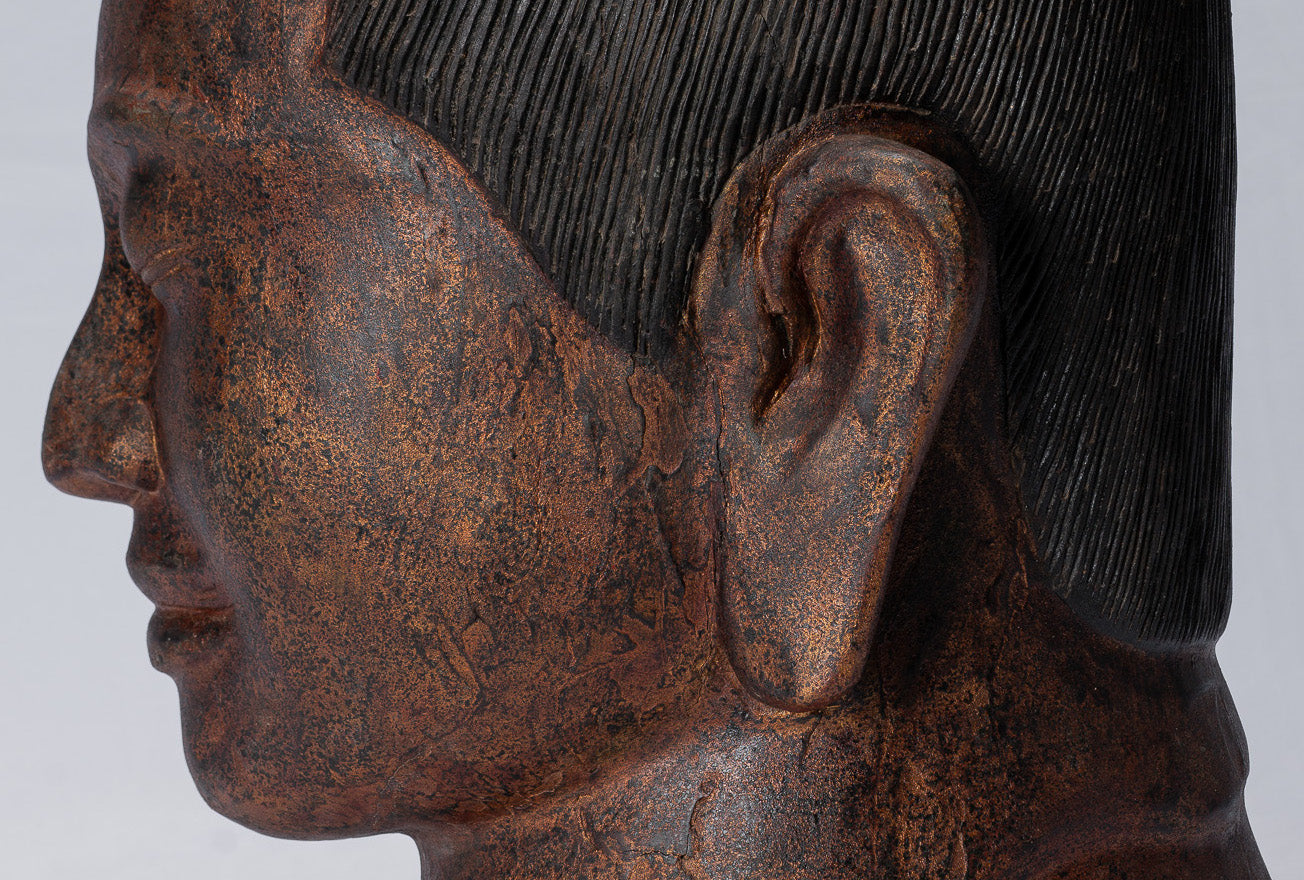 Jayavarman-Statue – antike Holzstatue im Khmer-Stil Jayavarman VII. Kopfstatue – 42 cm/17 Zoll