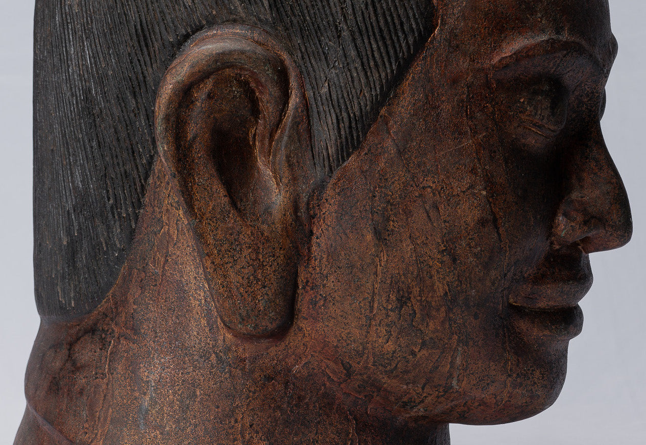 Jayavarman-Statue – antike Holzstatue im Khmer-Stil Jayavarman VII. Kopfstatue – 42 cm/17 Zoll