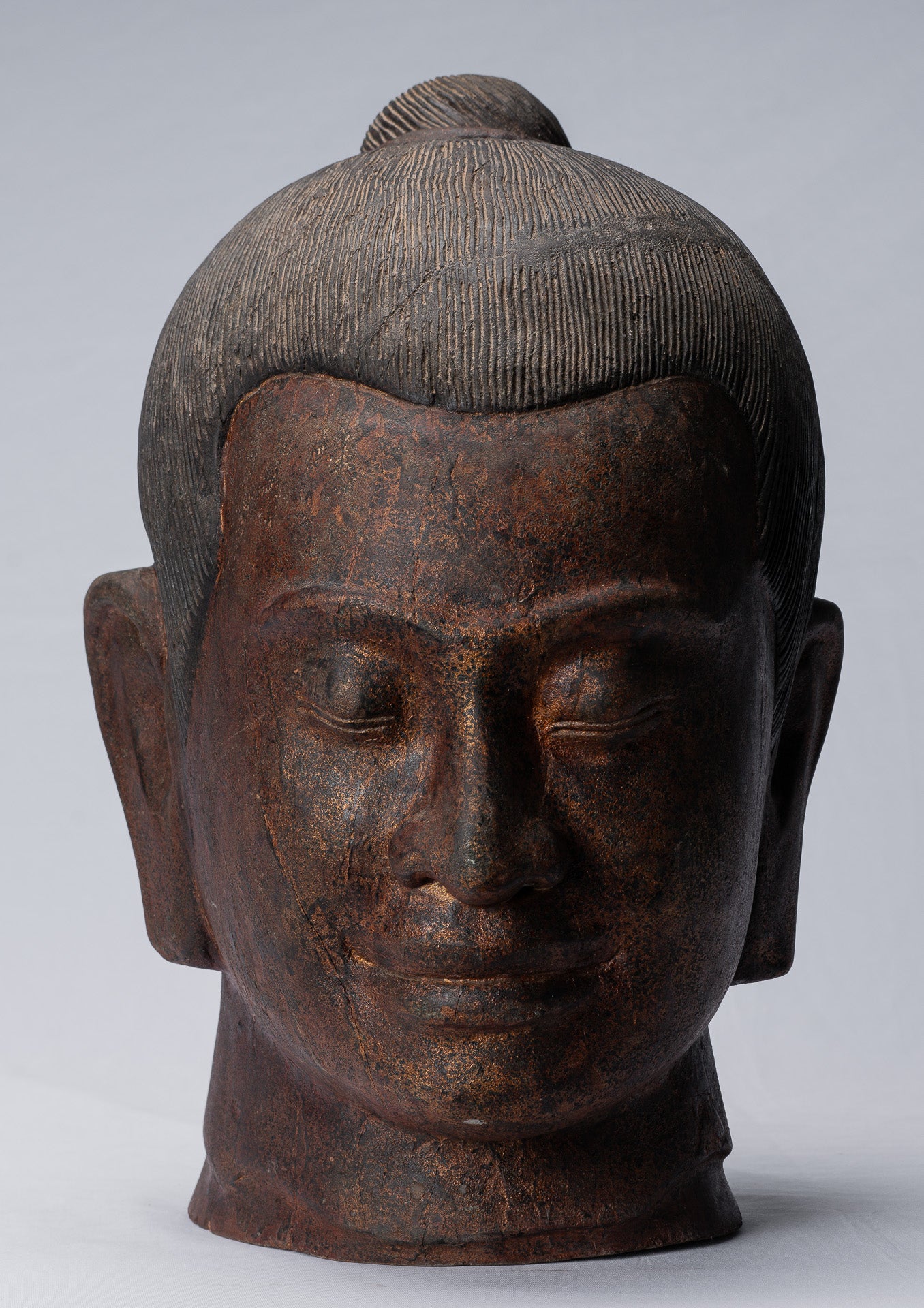 Jayavarman-Statue – antike Holzstatue im Khmer-Stil Jayavarman VII. Kopfstatue – 42 cm/17 Zoll