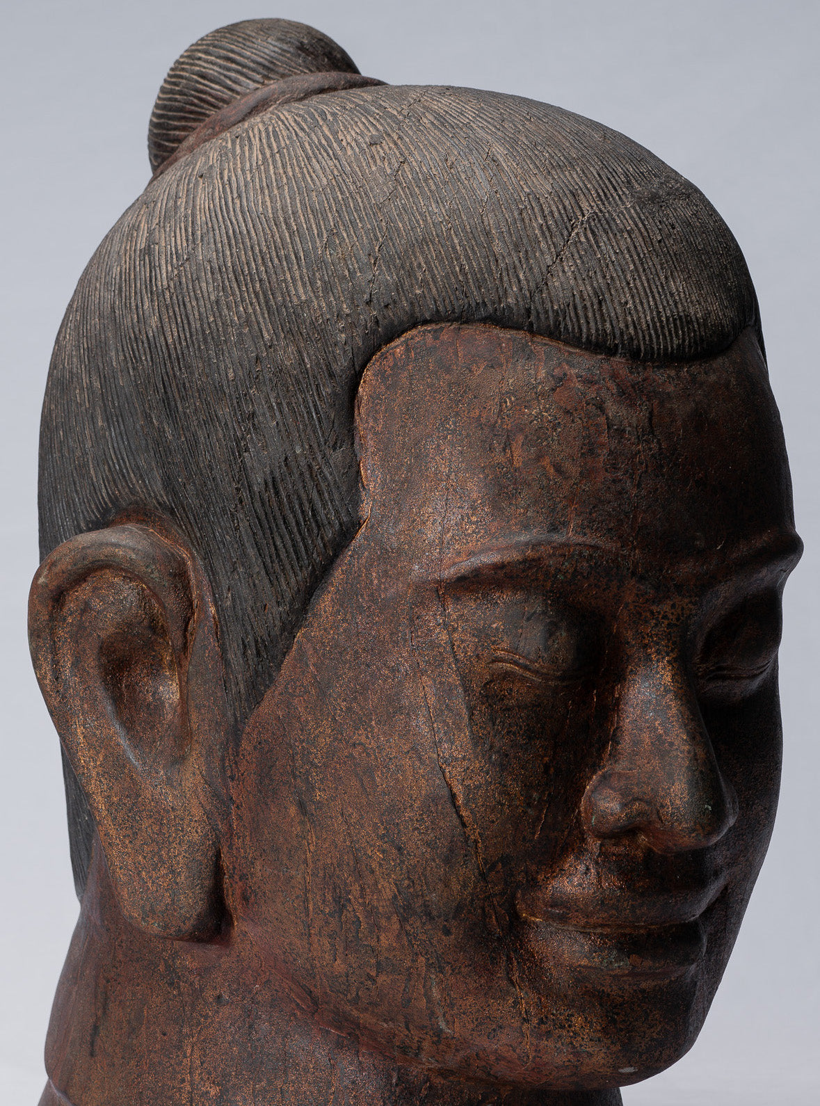 Jayavarman-Statue – antike Holzstatue im Khmer-Stil Jayavarman VII. Kopfstatue – 42 cm/17 Zoll