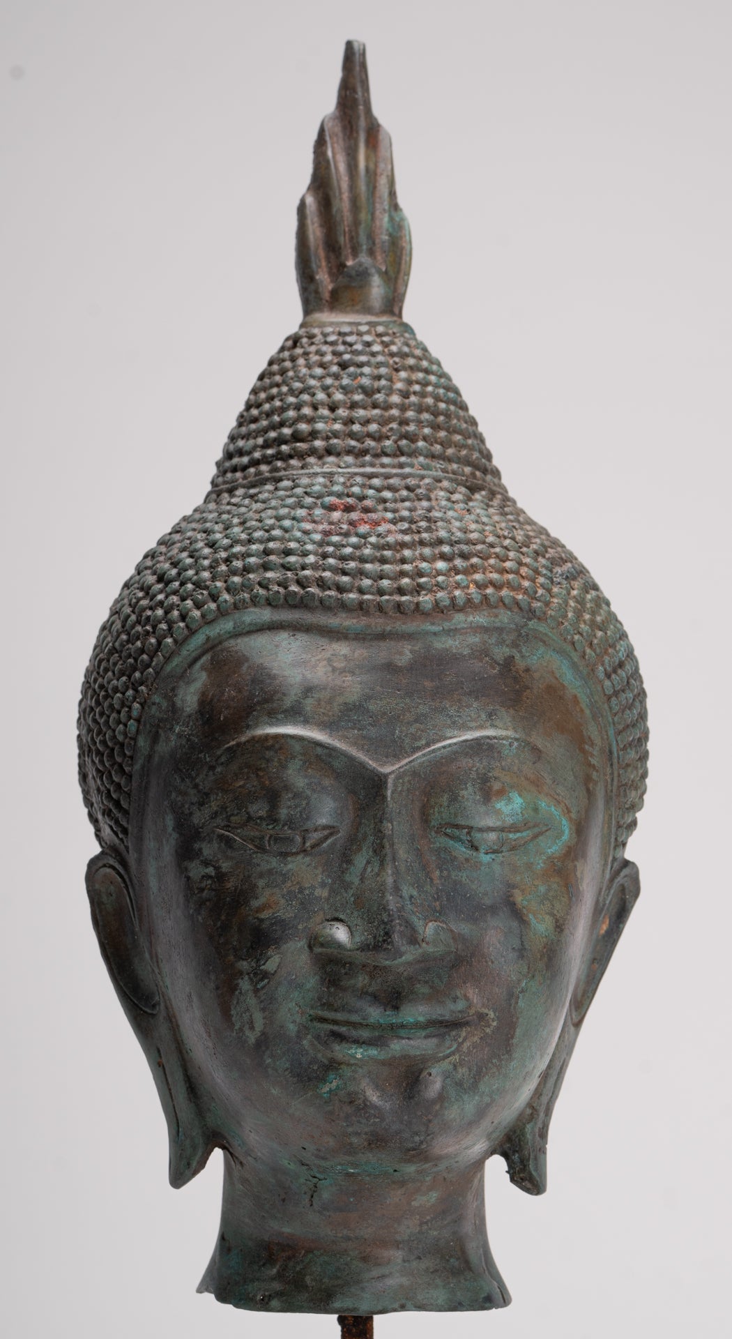 Buddha Head - Antique Thai Style Sukhothai Mounted Bronze Buddha Head - 39cm/16"