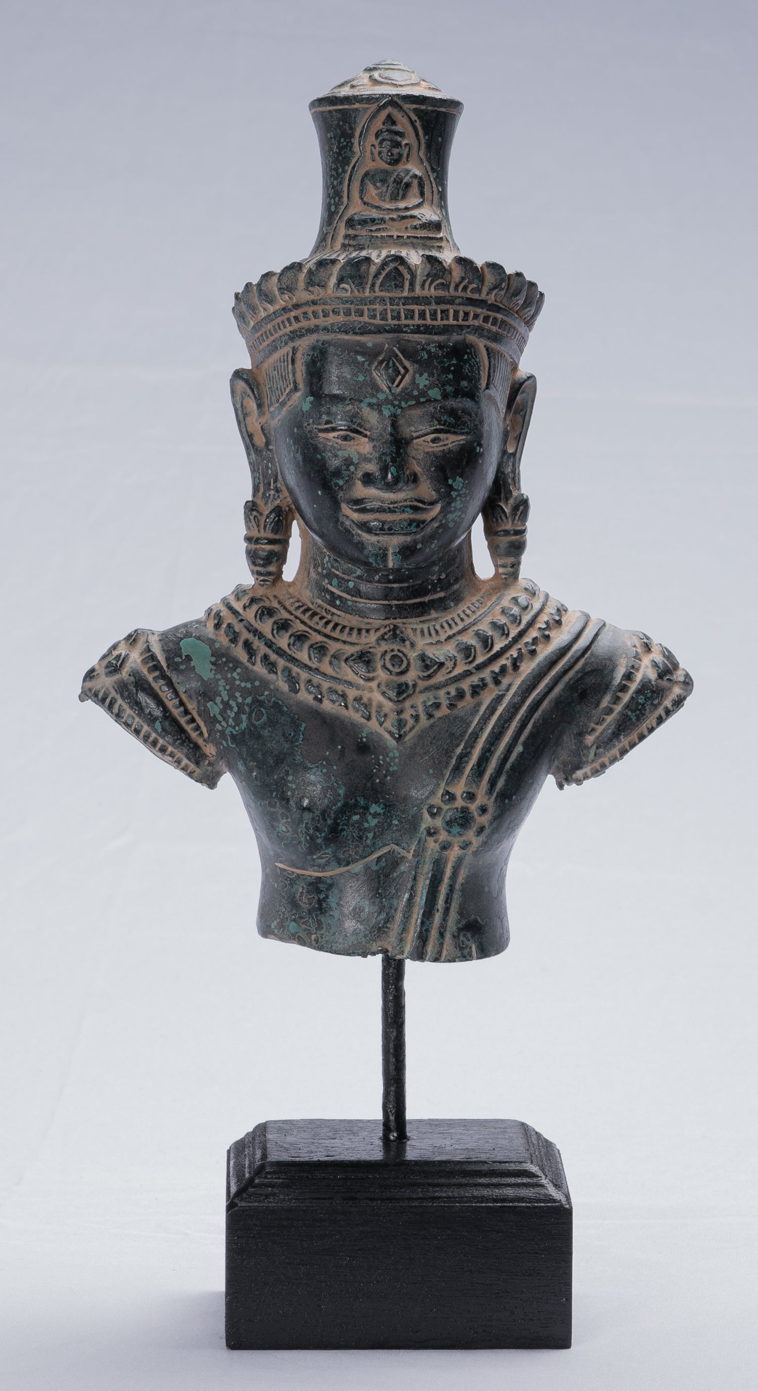 Lokeshvara Statue - Antique Khmer Style Mounted Bronze Bayon Style Lokeshvara Torso - 37cm/15"