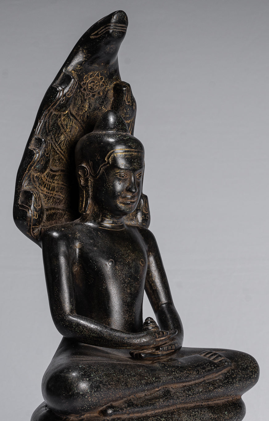 Buddha Statue - Antique Khmer Style Bronze Seated Meditation Naga Buddha Statue - 42cm/17"