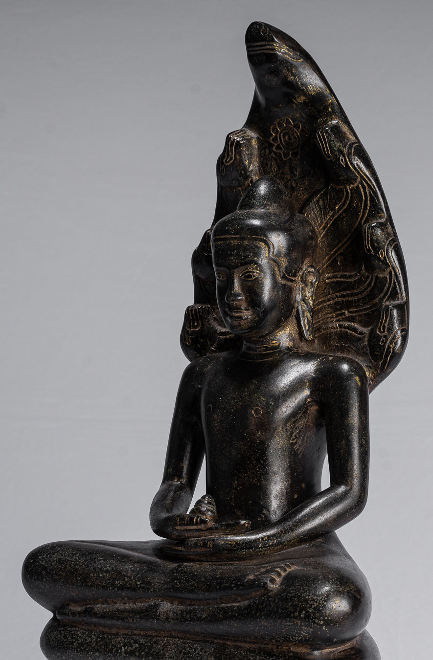 Buddha Statue - Antique Khmer Style Bronze Seated Meditation Naga Buddha Statue - 42cm/17"