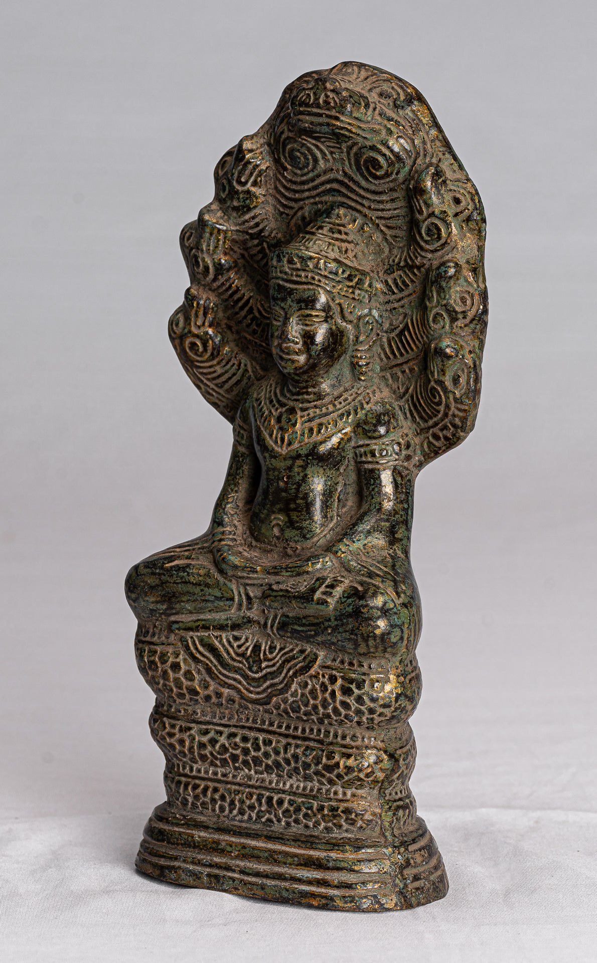Buddha Statue - Antique Bayon Style Khmer Seated Bronze Naga Meditation Buddha - 21cm/8"