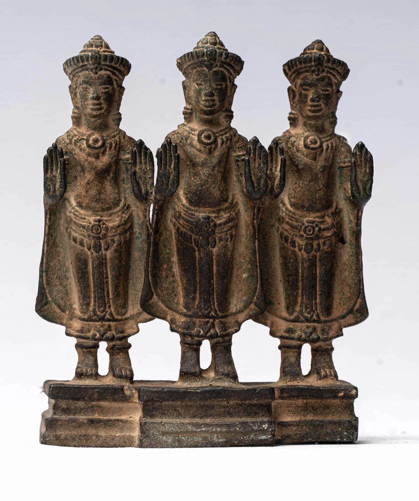 Buddha Statue-Antique Khmer Style Standing Bronze Protection Buddha Statue Triptychon-10.5cm/4"