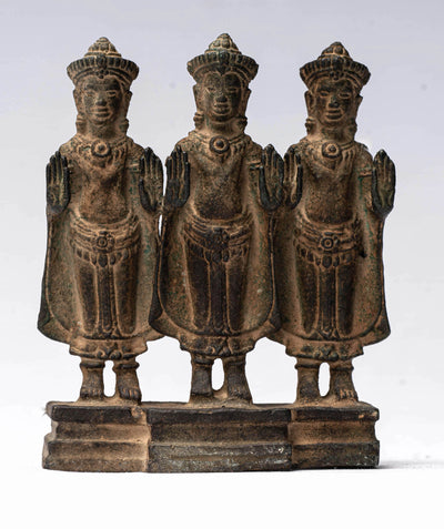Buddha Statue-Antique Khmer Style Standing Bronze Protection Buddha Statue Triptychon-10.5cm/4"