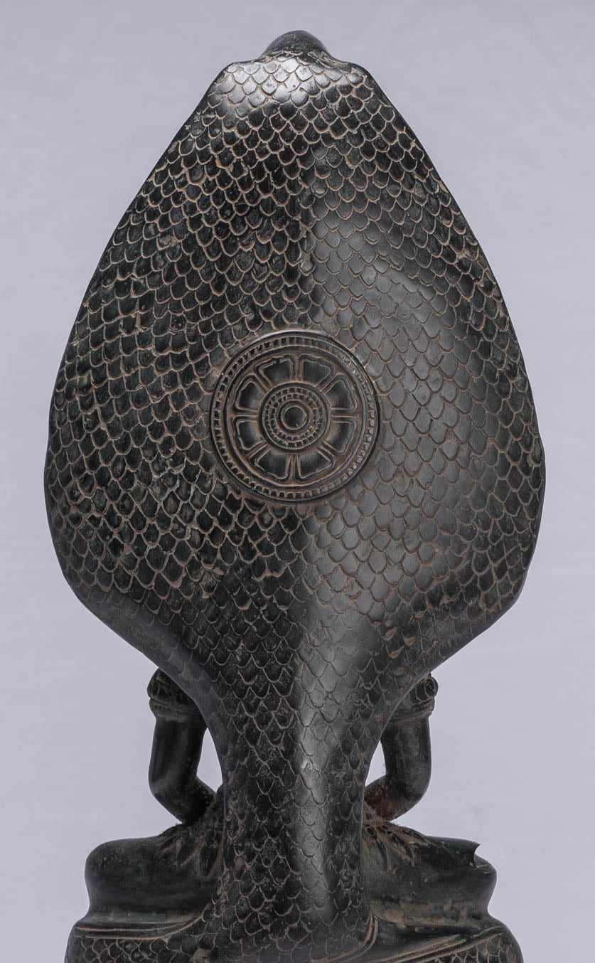 Bouddha Statue-Antique Bayon Style Khmer Seated Bronze Naga Meditation Bouddha-43cm/17 "