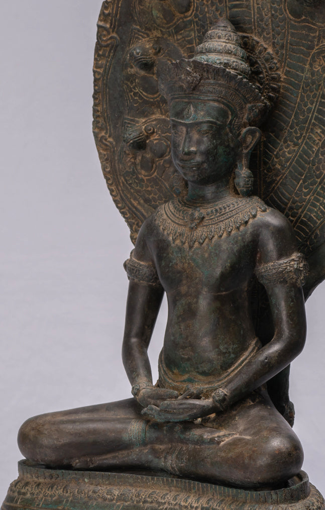 Statua Buddha - Antique Thai Thai Bronzo Meditazione seduta Naga Buddha Statua - 66 cm/26 "