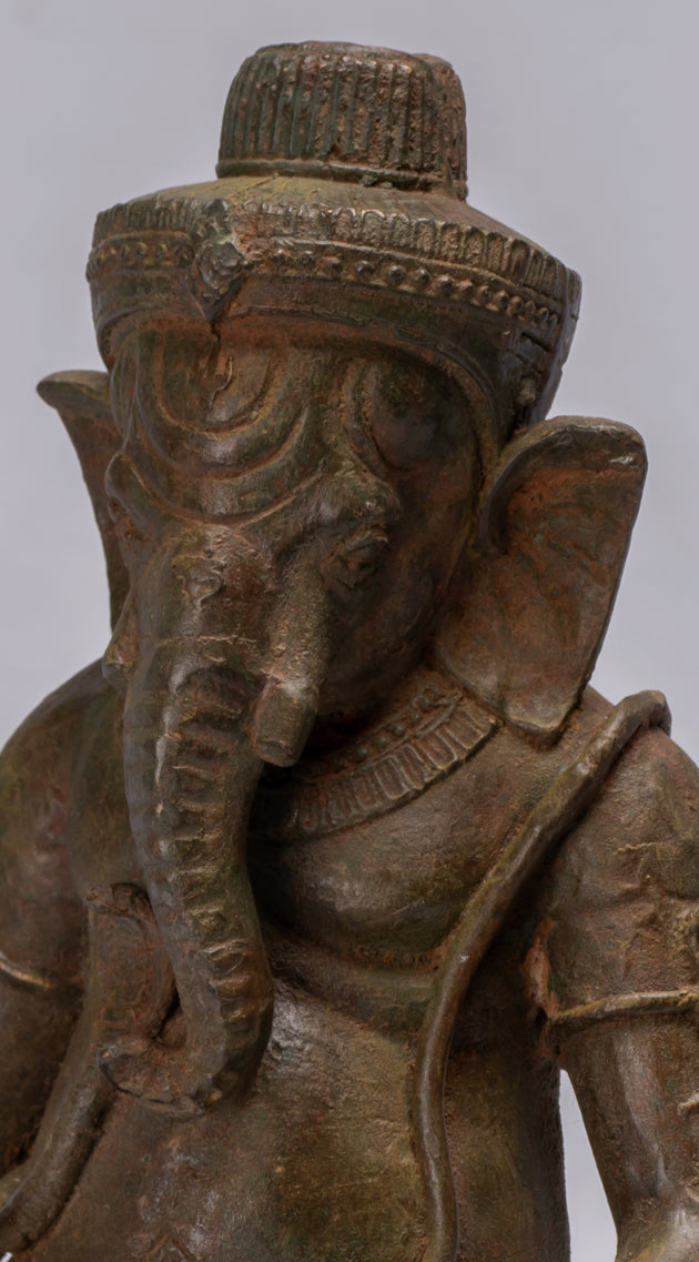 Statue de Ganesha à 4 bras vert assis en bronze de style thaïlandais antique - 31 cm/12"
