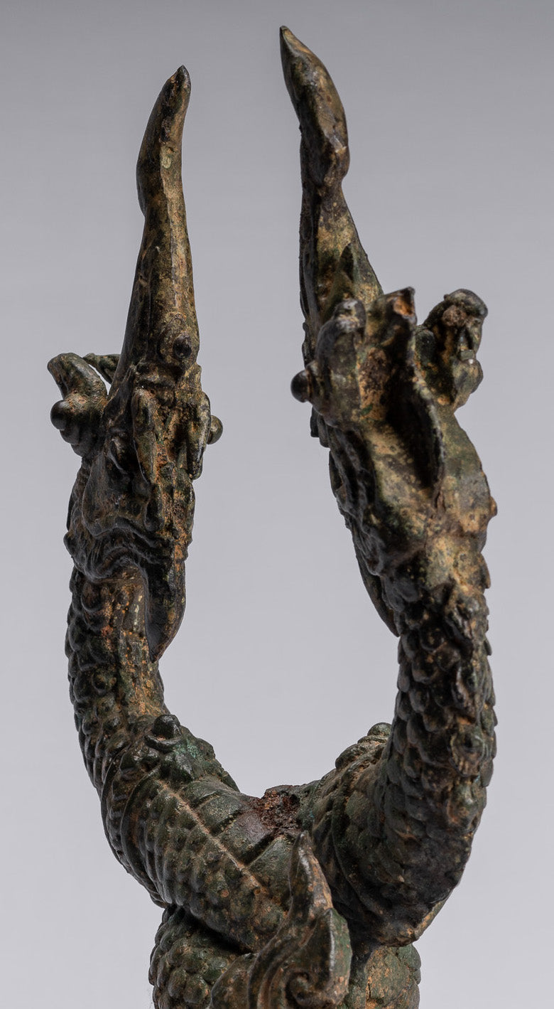Bronzo di bronzo tailandese antico a due teste protettiva Naga, serpente o statua a serpente - 30 cm/12 "