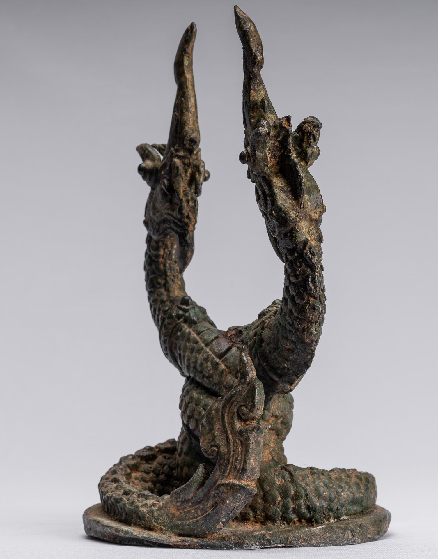 Bronzo di bronzo tailandese antico a due teste protettiva Naga, serpente o statua a serpente - 30 cm/12 "