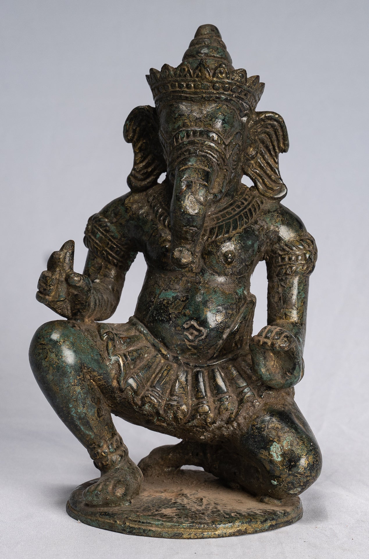 Ganesha Statue - Antique Thai Style Bronze Kneeling Ganesh Statue - 18cm/7"