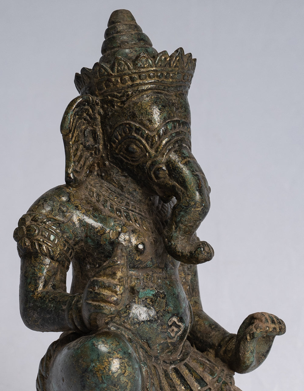 Ganesha Statue - Antique Thai Style Bronze Kneeling Ganesh Statue - 18cm/7"