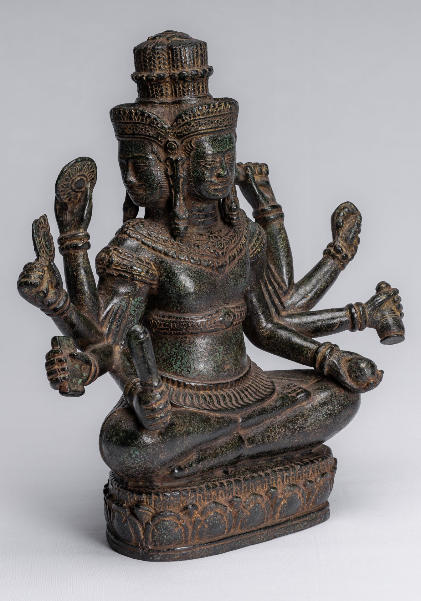 Brahma Statue - Antique Khmer Style Bronze 8 Arm Bayon Brahma - Hindu God Creation - 32cm/13"