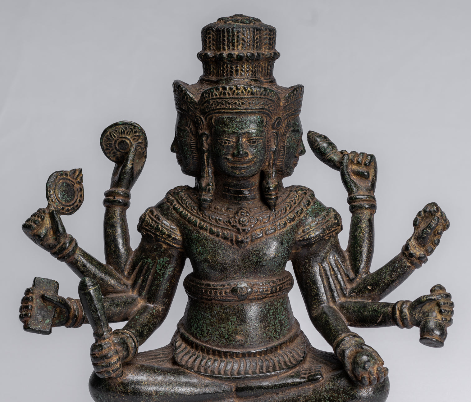 Brahma Statue - Antique Khmer Style Bronze 8 Arm Bayon Brahma - Hindu God Creation - 32cm/13"