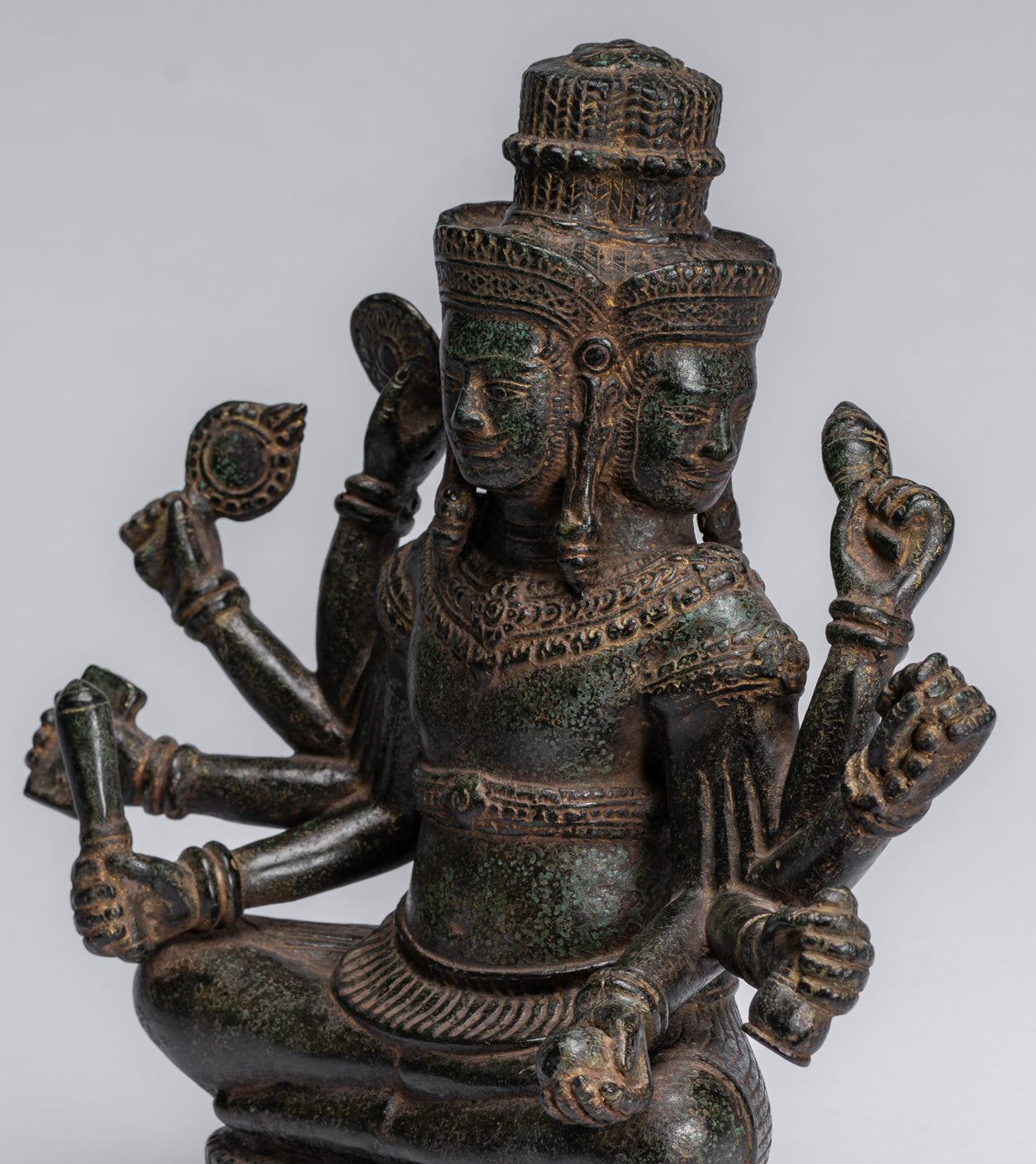 Brahma Statue - Antique Khmer Style Bronze 8 Arm Bayon Brahma - Hindu God Creation - 32cm/13"