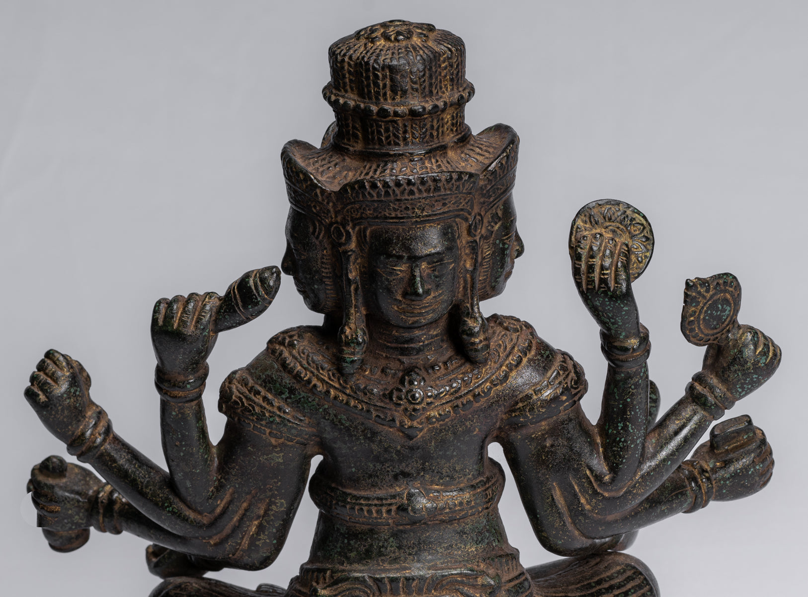 Brahma Statue - Antique Khmer Style Bronze 8 Arm Bayon Brahma - Hindu God Creation - 32cm/13"